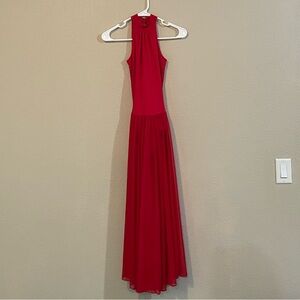 Body Wrappers Red Halter Maxi Gown with Open Back and Sheer Skirt